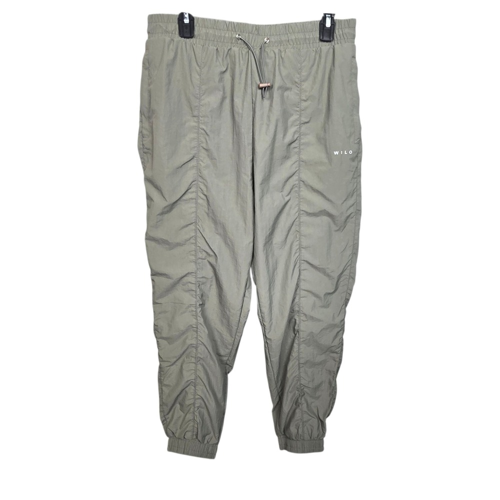 WILO The Label Olive Green Nylon Joggers Drawstring Ruched Lightweight Pants L